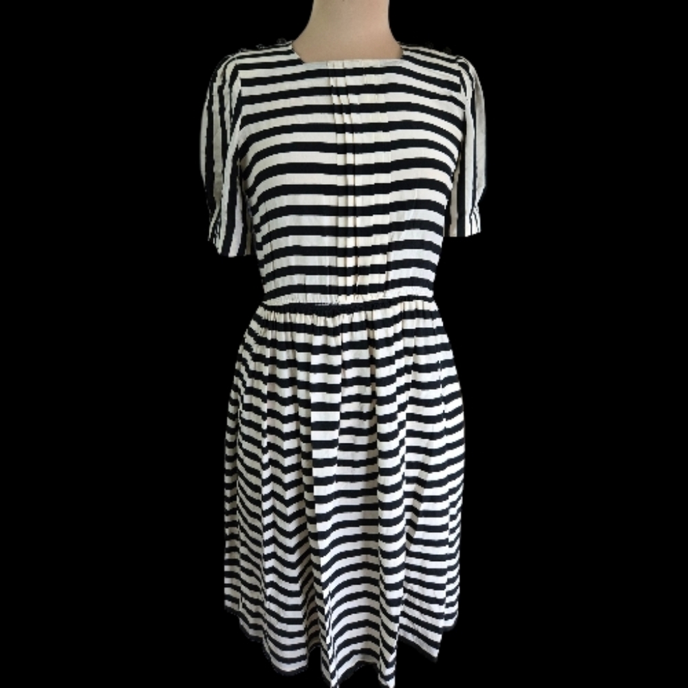 Silk Studio Vintage Chic Striped Black and White Peite Midi Dress Sz 6